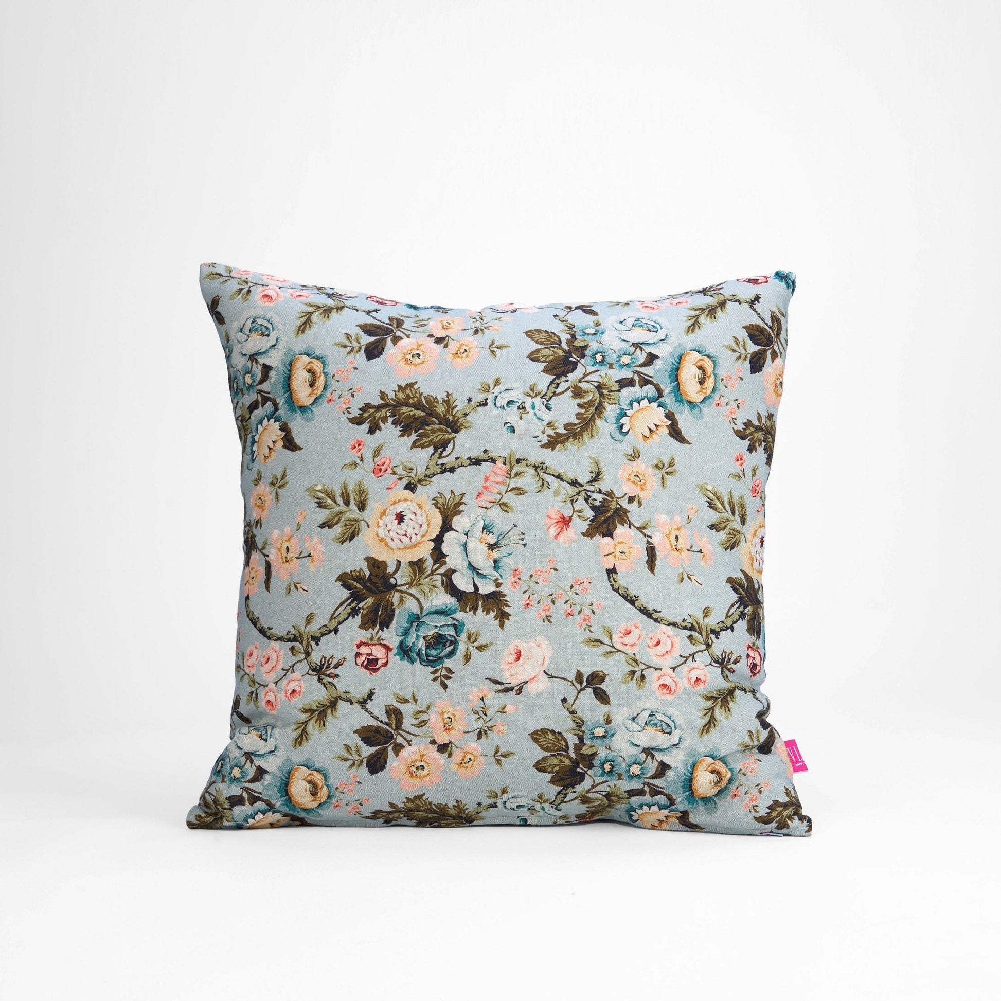 AMOUR Duck Egg Linen Pillow Cover Vintage Rose Print Reversible
