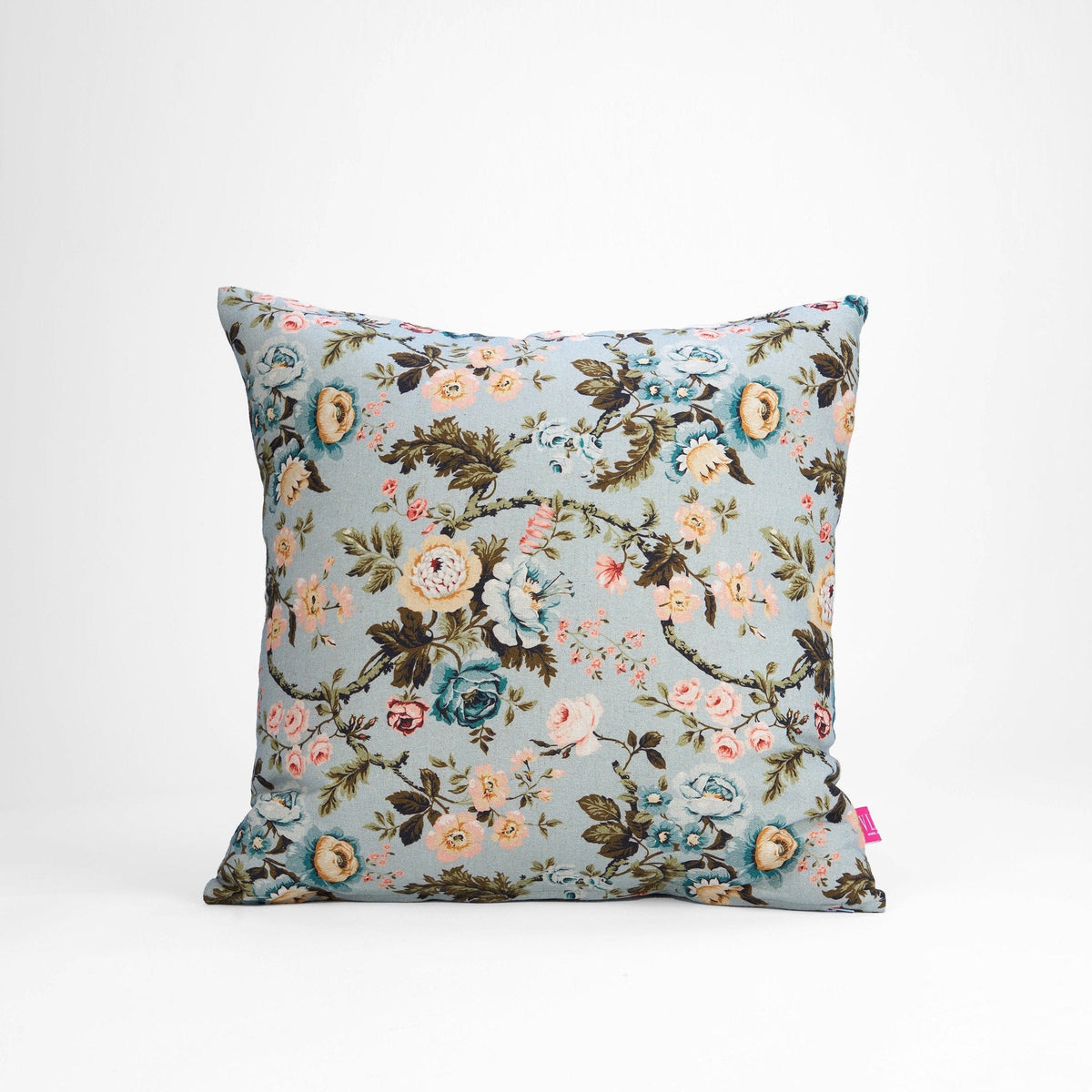 Amour Duck Egg Linen Pillow Cover | Vintage Rose Print | 16×16, 18×18 & 12×30 inches