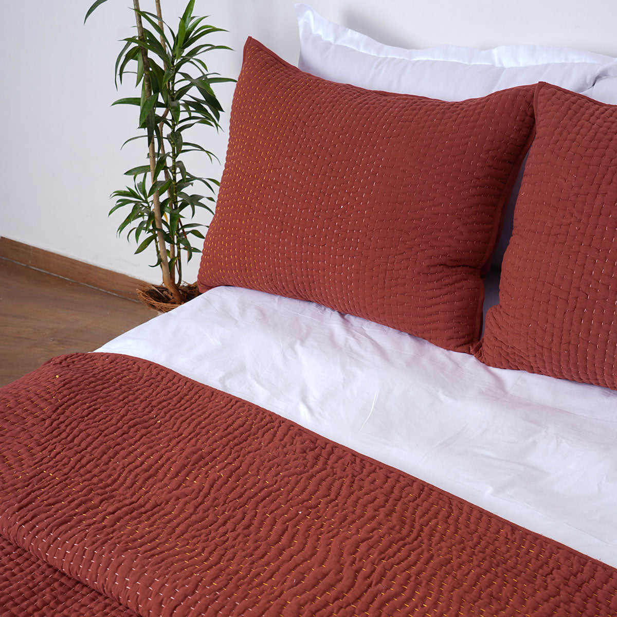 Terracotta Kantha quilt set, hand quilted 4 layer muslin gauze with cotton wadding, sizes available