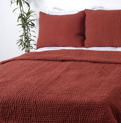 Terracotta Kantha quilt set, hand quilted 4 layer muslin gauze with cotton wadding, sizes available