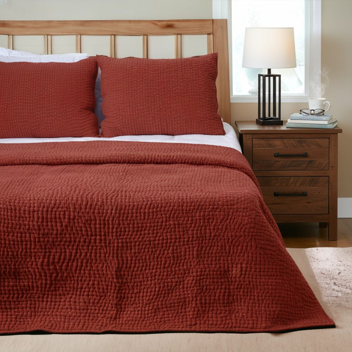 Terracotta Kantha Quilt Bed Set | 4-Layer Muslin Gauze | Hand Quilted | Handmade