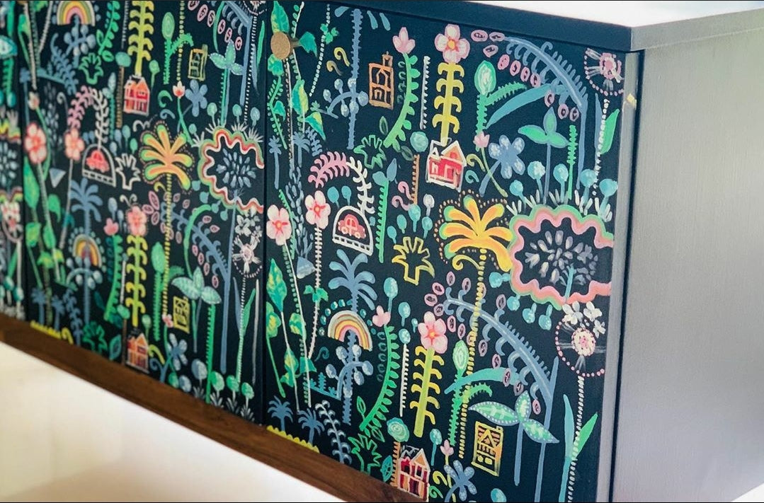 hand painted and handcrafted mid century retro sideboard