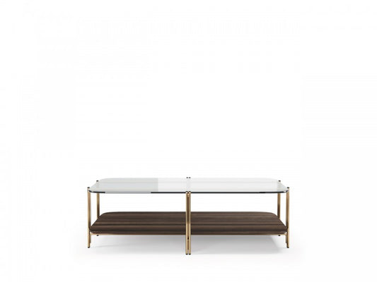 Modern Bamboo-Inspired Two-Tier Glass Top Coffee Table with Brass Finish Legs