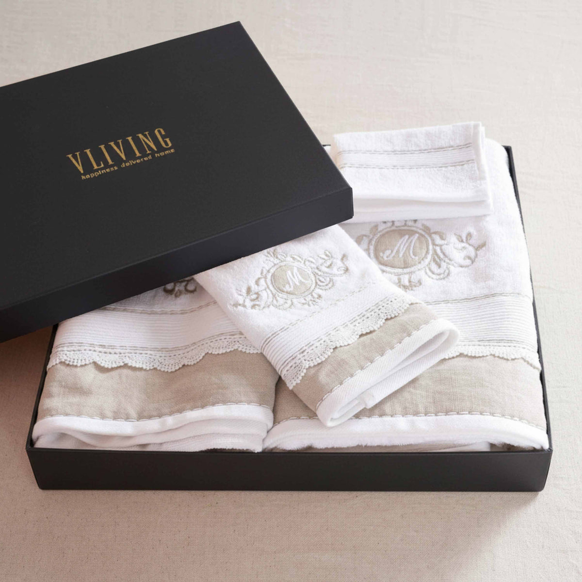 GIFT PACK - Luxury Towel Set – 4 Pieces | Customizable with Monogram | Linen Appliqué and Embroidery