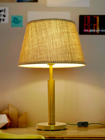 Transitional Brushed Brass Finished Metal Table Lamp with Jute Lace Fabric Shade