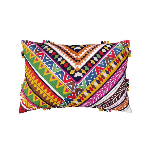 Tribal Multicolor Embroidered Cotton Cushion Cover Vibrant Boho Décor
