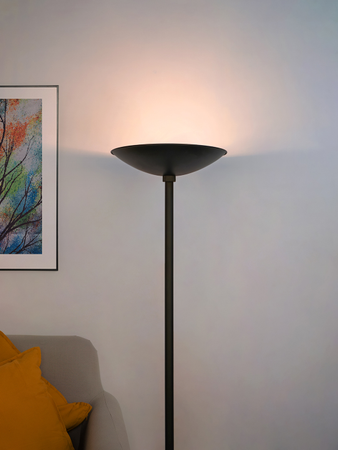 Transitional Black-Powdered Finish Long 72 Inch Steel Double-Light Uplighter Floor Lamp Torchiere