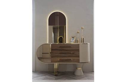 Elegant Retro Dressing Unit with Large Mirror, Marble Top, and Ample Storage