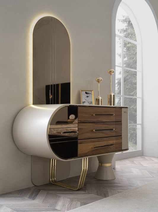 Elegant Retro Dressing Unit with Large Mirror, Marble Top, and Ample Storage