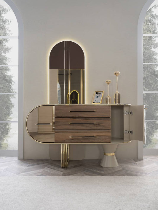 Elegant Retro Dressing Unit with Large Mirror, Marble Top, and Ample Storage