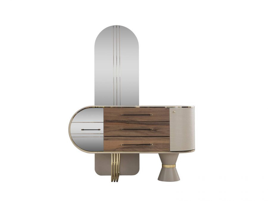 Elegant Retro Dressing Unit with Large Mirror, Marble Top, and Ample Storage