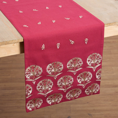 Elegant Maroon Embroidered Suzani Table Runner – Handcrafted Cotton