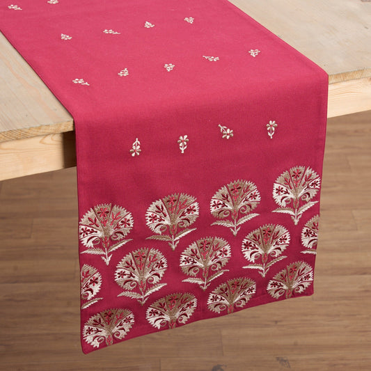 Elegant Maroon Embroidered Suzani Table Runner – Handcrafted Cotton