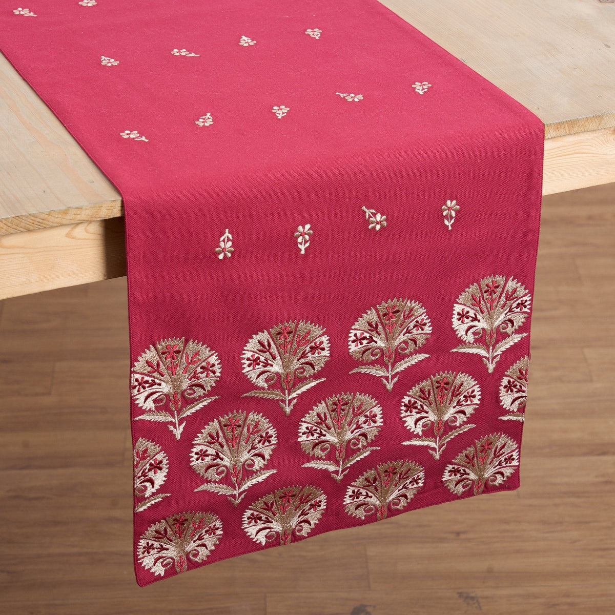 Kashidakaari Maroon Table Runner | Embroidered Suzani Pattern | 100% Cotton