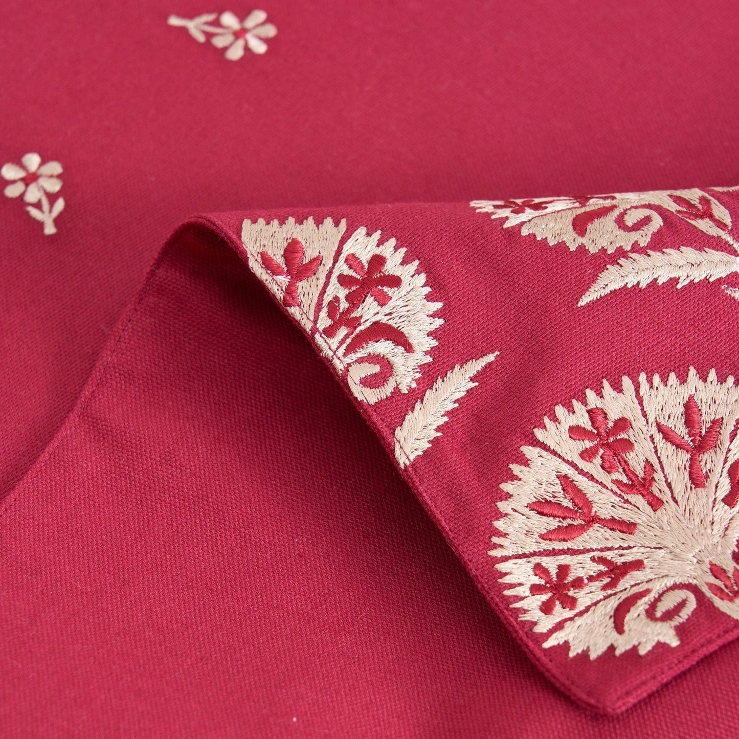 Elegant Maroon Embroidered Suzani Table Runner – Handcrafted Cotton