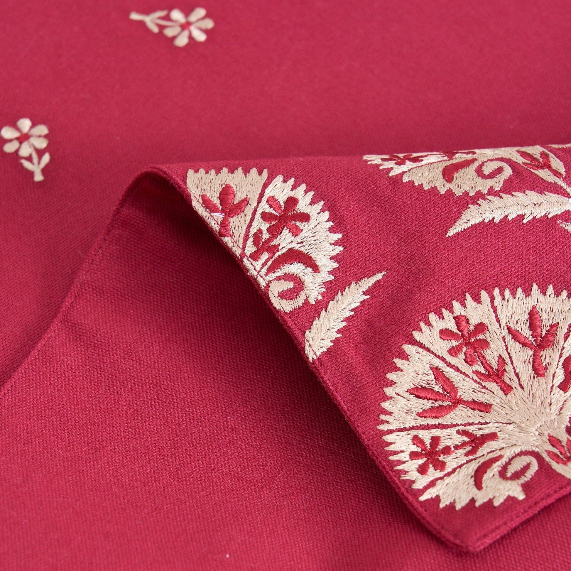 Elegant Maroon Embroidered Suzani Table Runner – Handcrafted Cotton