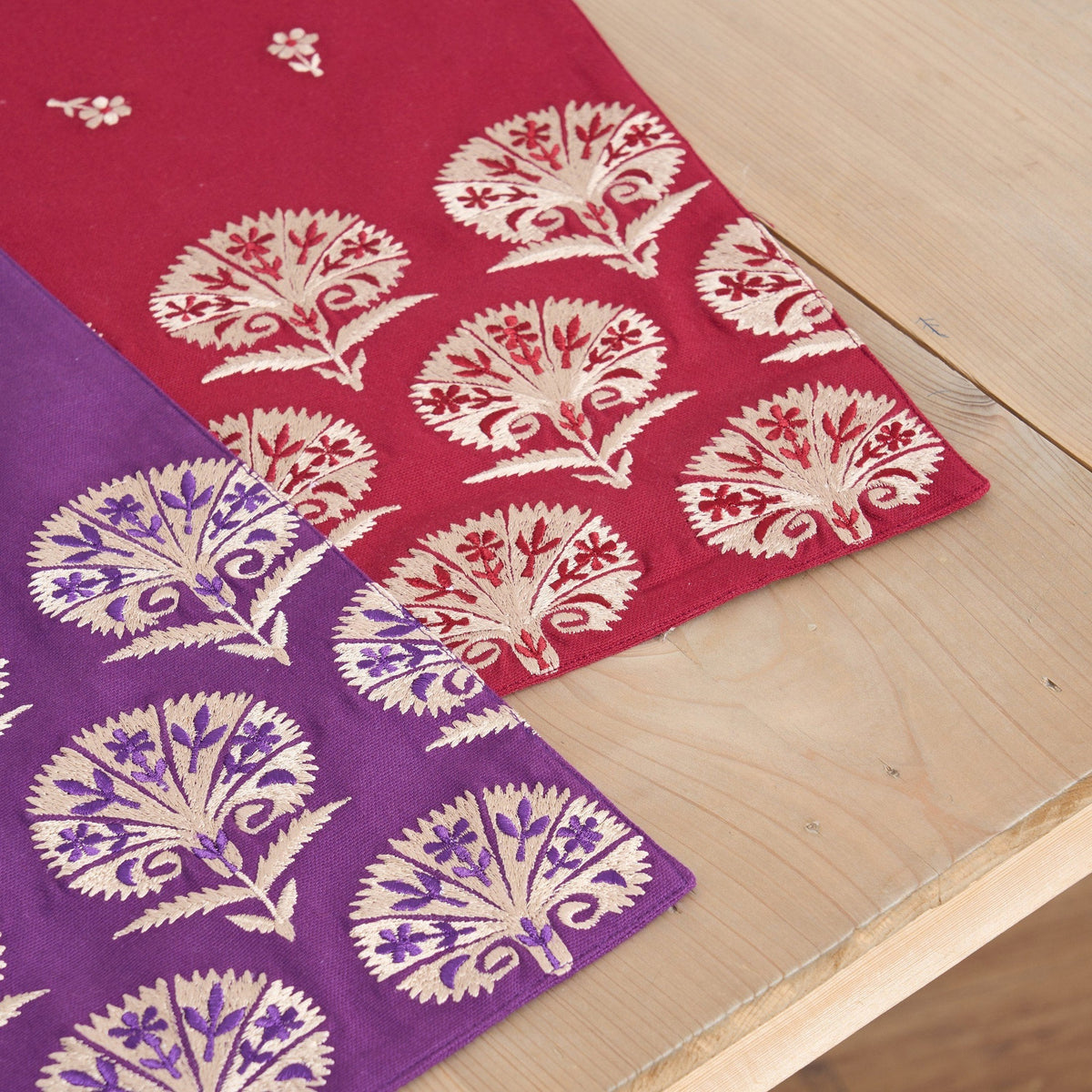 Kashidakaari Plum Table Runner | Embroidered Suzani Pattern | 100% Cotton