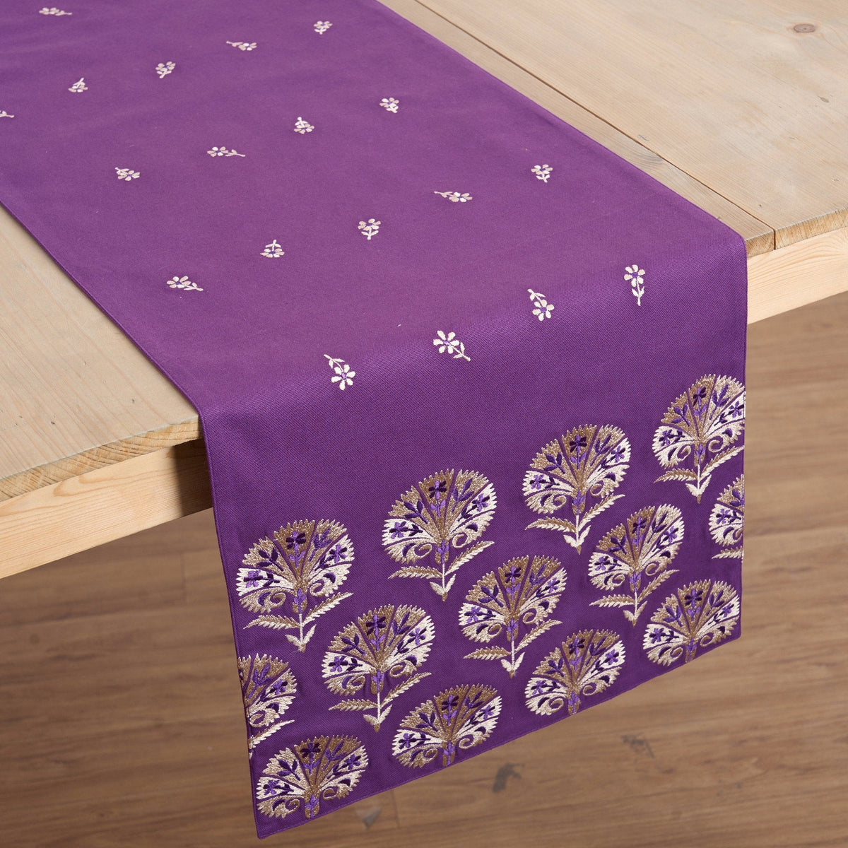 Kashidakaari Plum Table Runner | Embroidered Suzani Pattern | 100% Cotton
