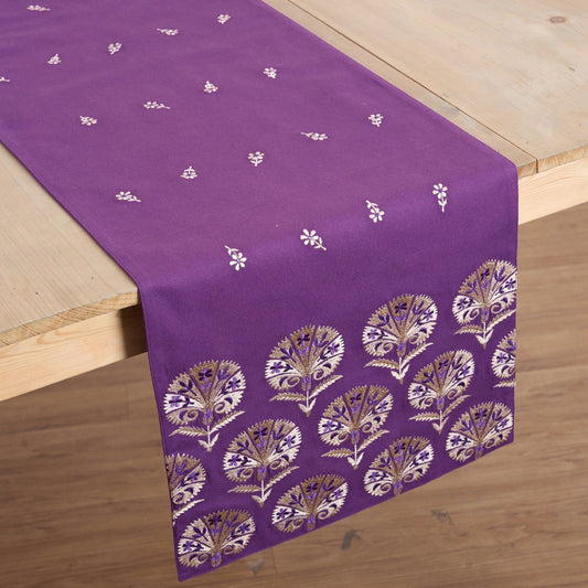 Kashidakaari Plum Table Runner | Embroidered Suzani Pattern | 100% Cotton