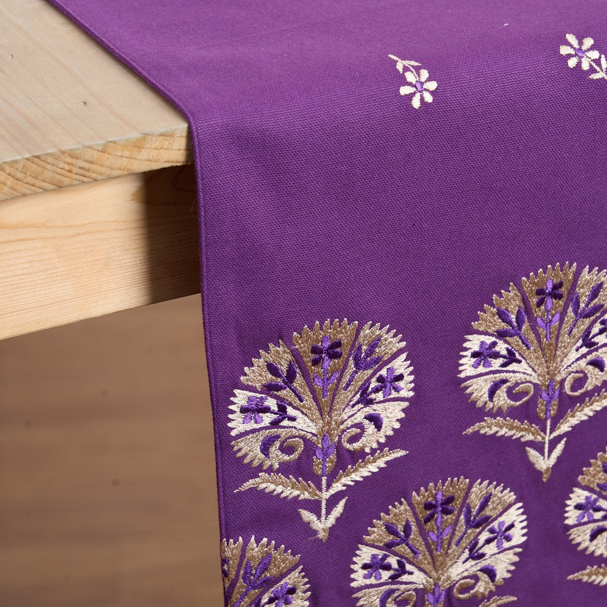 Kashidakaari Plum Table Runner | Embroidered Suzani Pattern | 100% Cotton