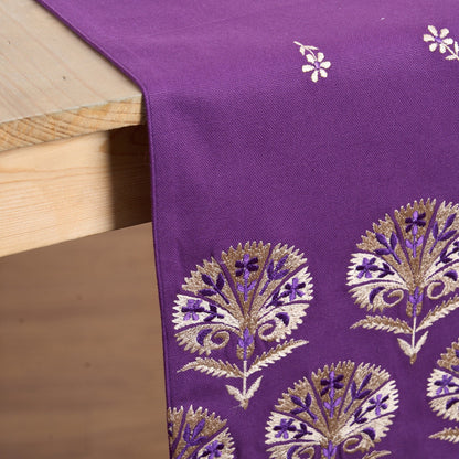 Kashidakaari Plum Table Runner | Embroidered Suzani Pattern | 100% Cotton