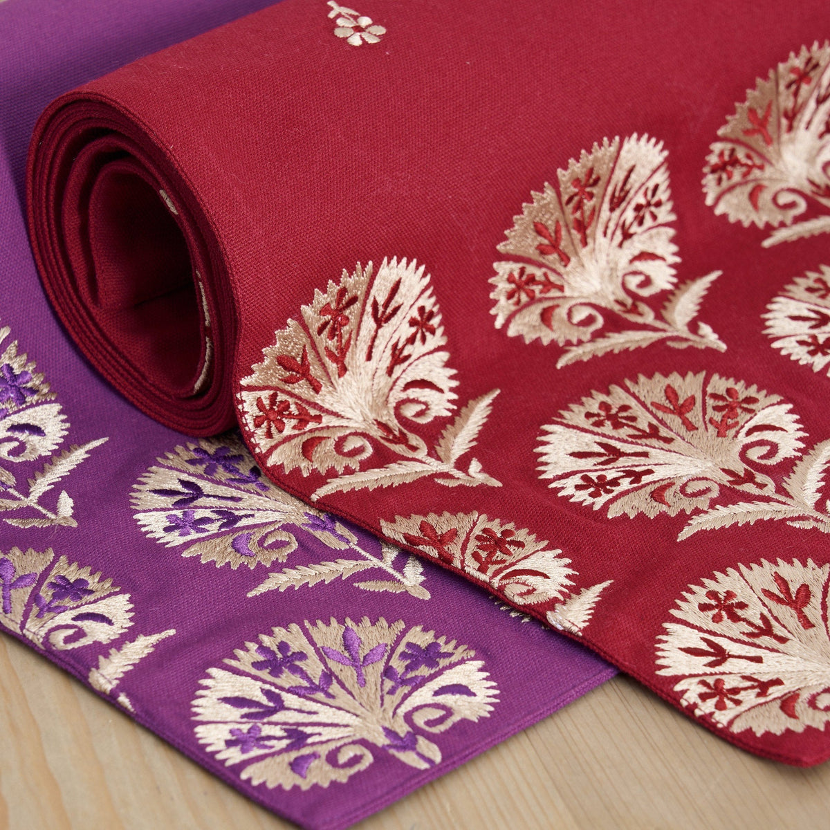 Kashidakaari Plum Table Runner | Embroidered Suzani Pattern | 100% Cotton