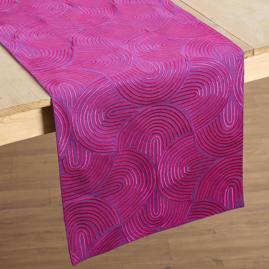 Plum Embroidered Cotton Table Runner – Modern Retro Geometric Design