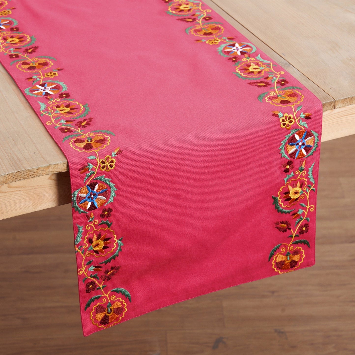 Coral Red Cotton Table Runner with Hand‑Embroidered Suzani Border