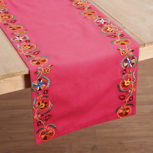 Coral Red Cotton Table Runner with Hand‑Embroidered Suzani Border