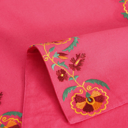 Coral Red Cotton Table Runner with Hand‑Embroidered Suzani Border