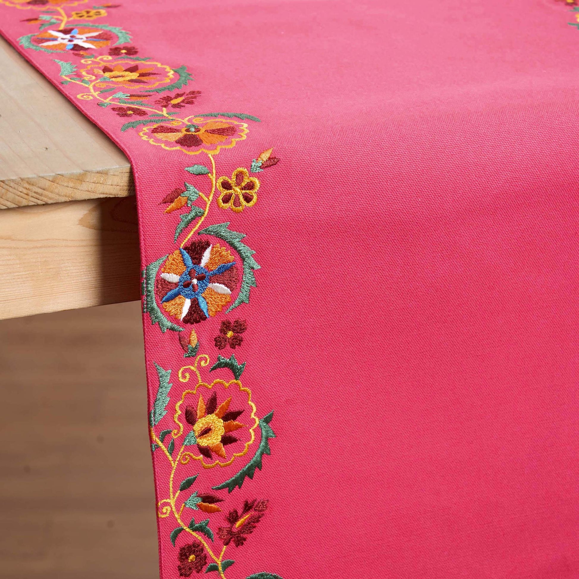 Coral Red Cotton Table Runner with Hand‑Embroidered Suzani Border