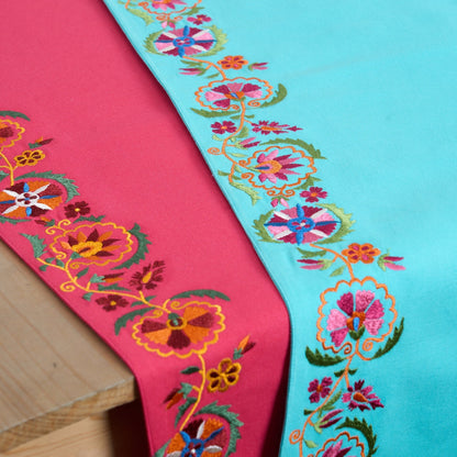 Kashidakaari Turquoise Table Runner | Embroidered Suzani Border | 100% Cotton