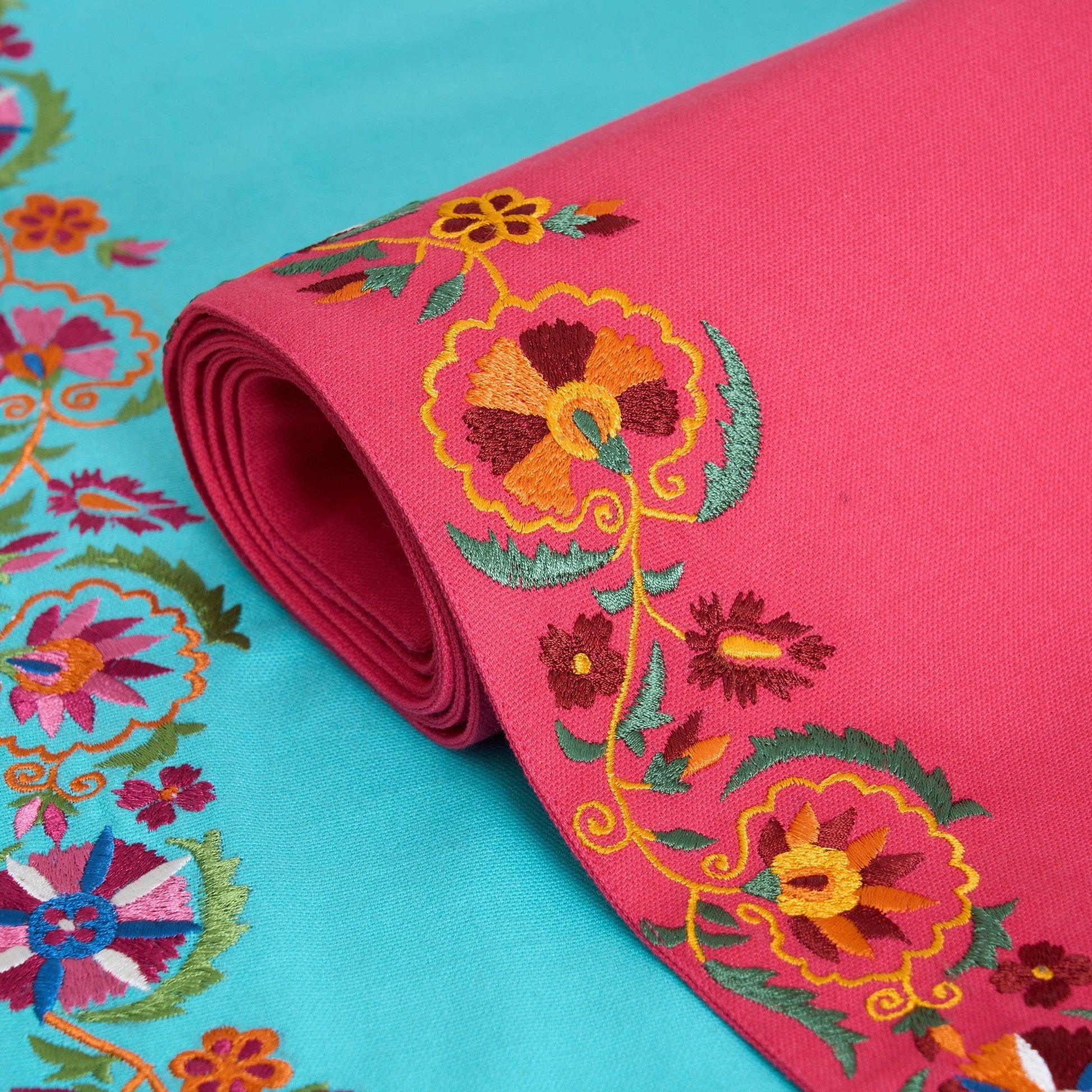 Coral Red Cotton Table Runner with Hand‑Embroidered Suzani Border