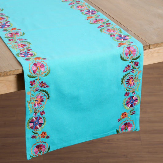 Elegant Turquoise Hand‑Embroidered Suzani Table Runner – 100% Cotton Floral
