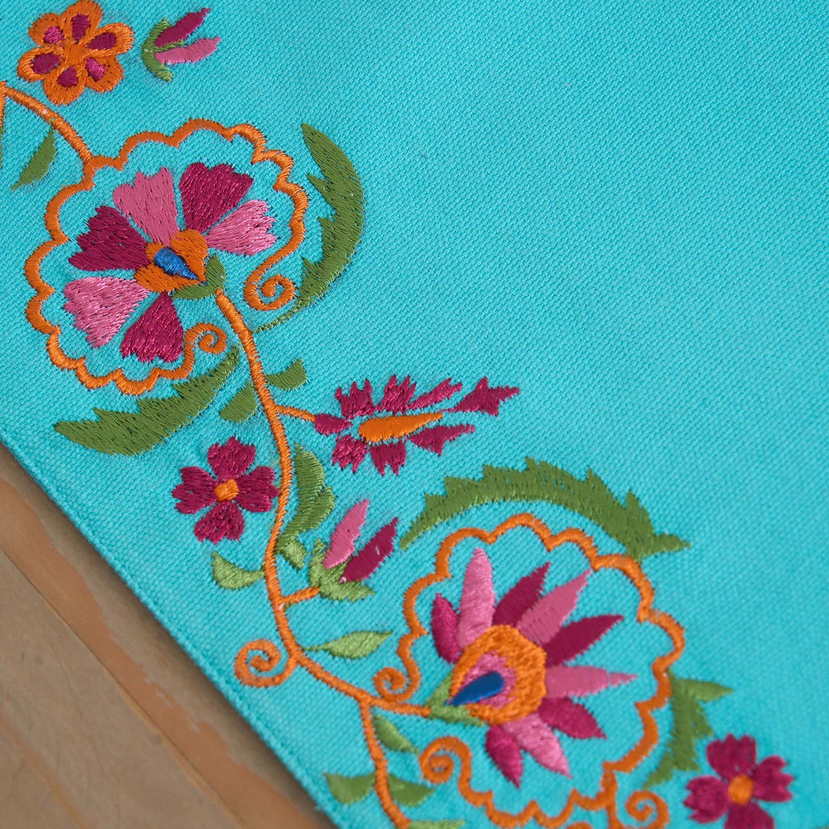 Kashidakaari Turquoise Table Runner | Embroidered Suzani Border | 100% Cotton