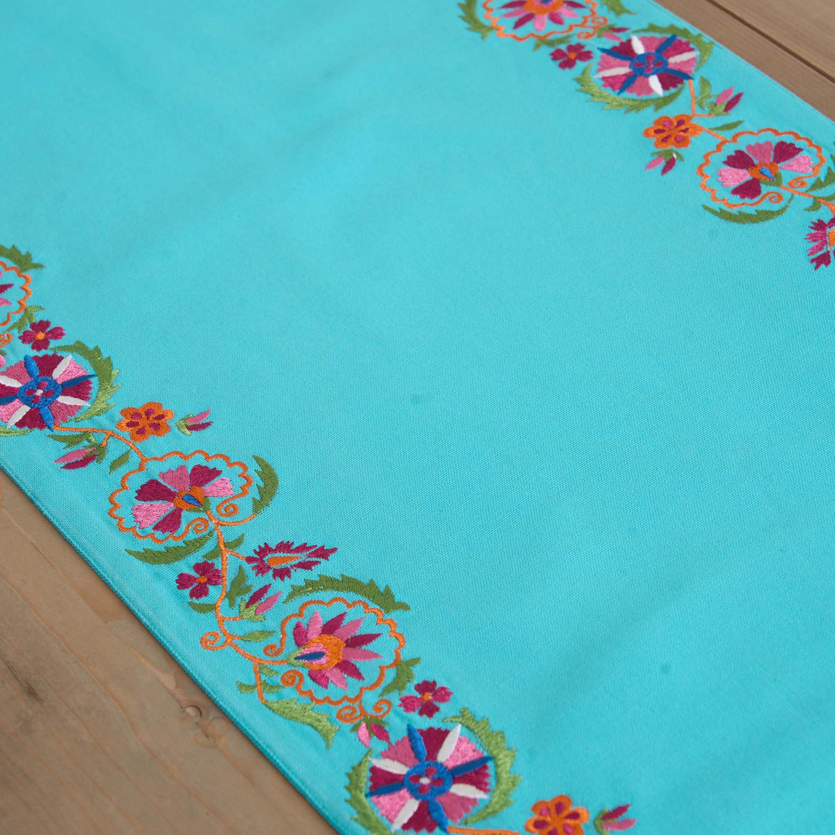 Kashidakaari Turquoise Table Runner | Embroidered Suzani Border | 100% Cotton