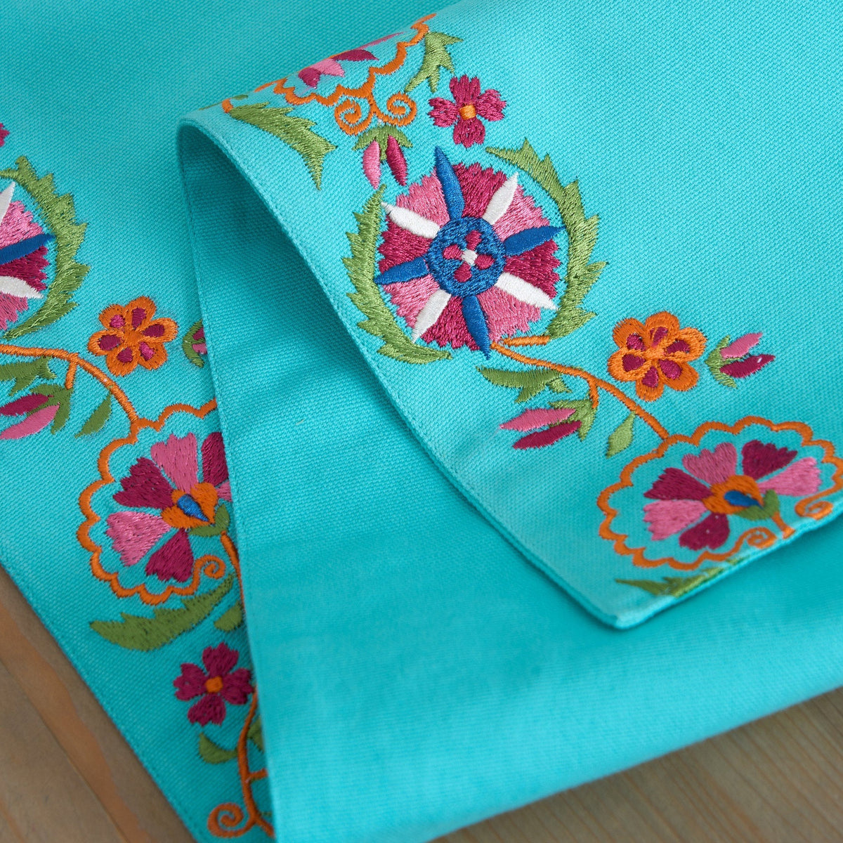 Kashidakaari Turquoise Table Runner | Embroidered Suzani Border | 100% Cotton