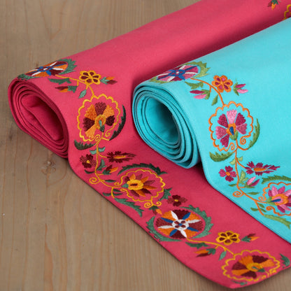 Coral Red Cotton Table Runner with Hand‑Embroidered Suzani Border