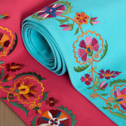 Kashidakaari Turquoise Table Runner | Embroidered Suzani Border | 100% Cotton