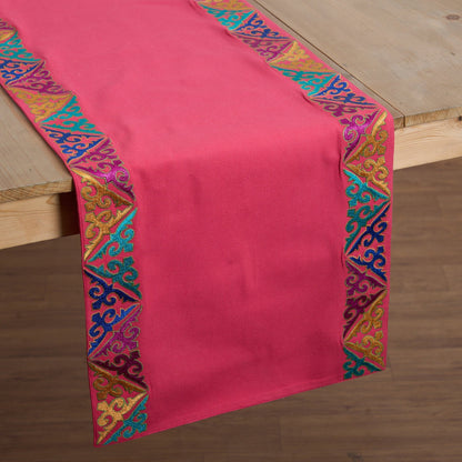 Coral Red Handcrafted Cotton Table Runner with Embroidered Border