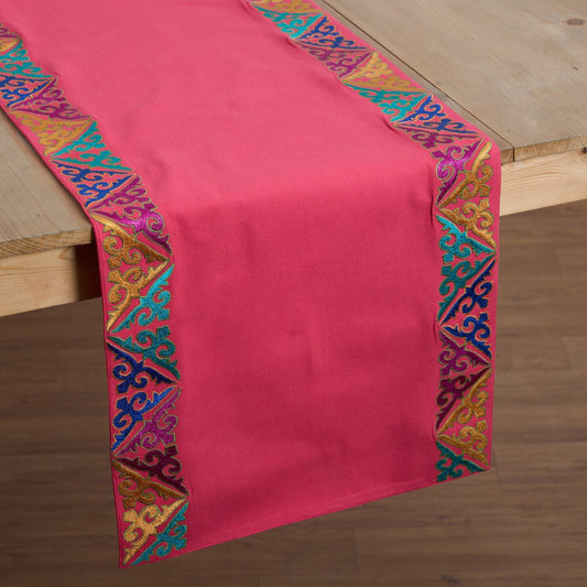 Coral Red Handcrafted Cotton Table Runner with Embroidered Border