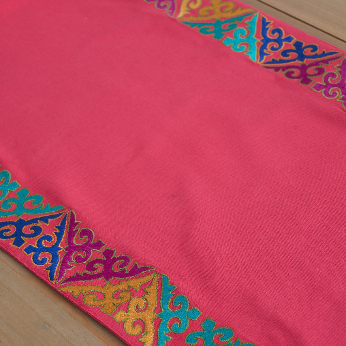 Kashidakaari Coral Red Table Runner | Geometric Border Embroidery | Cotton | 4 & 6 Seater