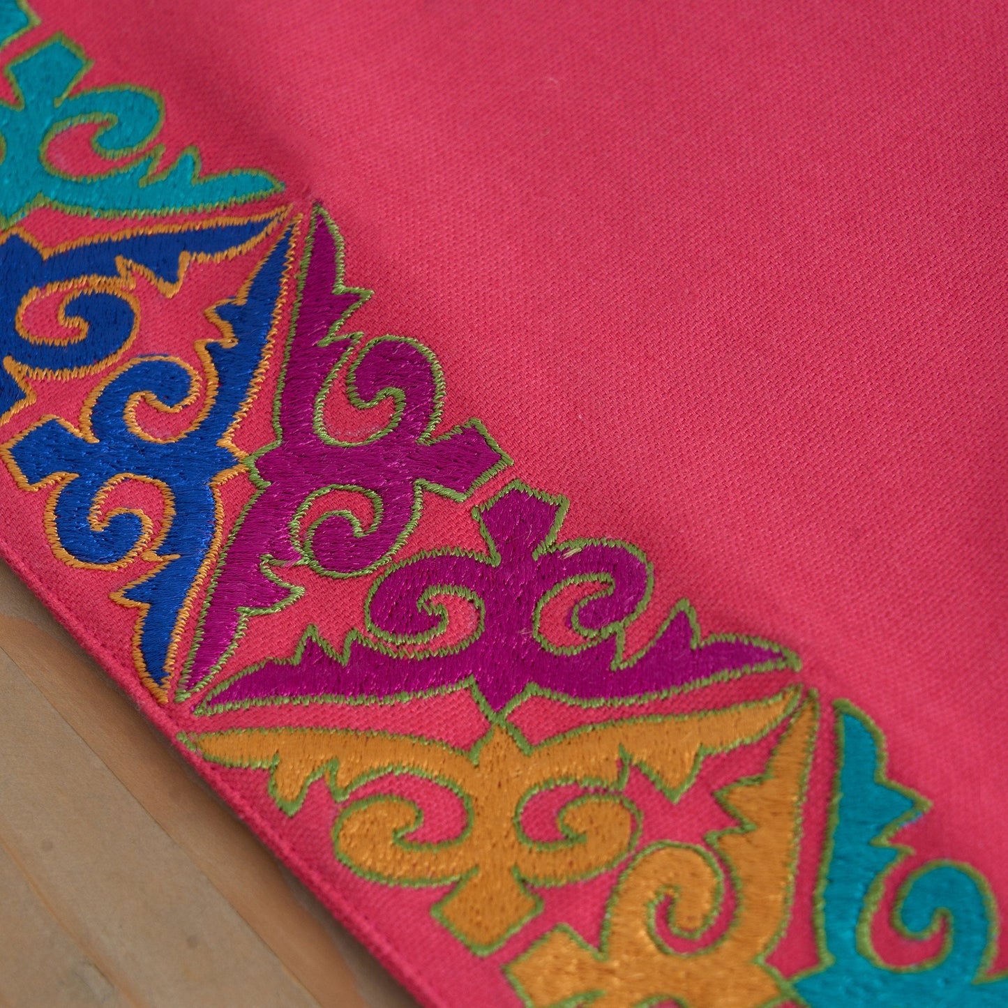 Coral Red Handcrafted Cotton Table Runner with Embroidered Border