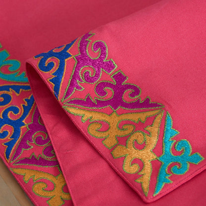 Kashidakaari Coral Red Table Runner | Geometric Border Embroidery | Cotton | 4 & 6 Seater