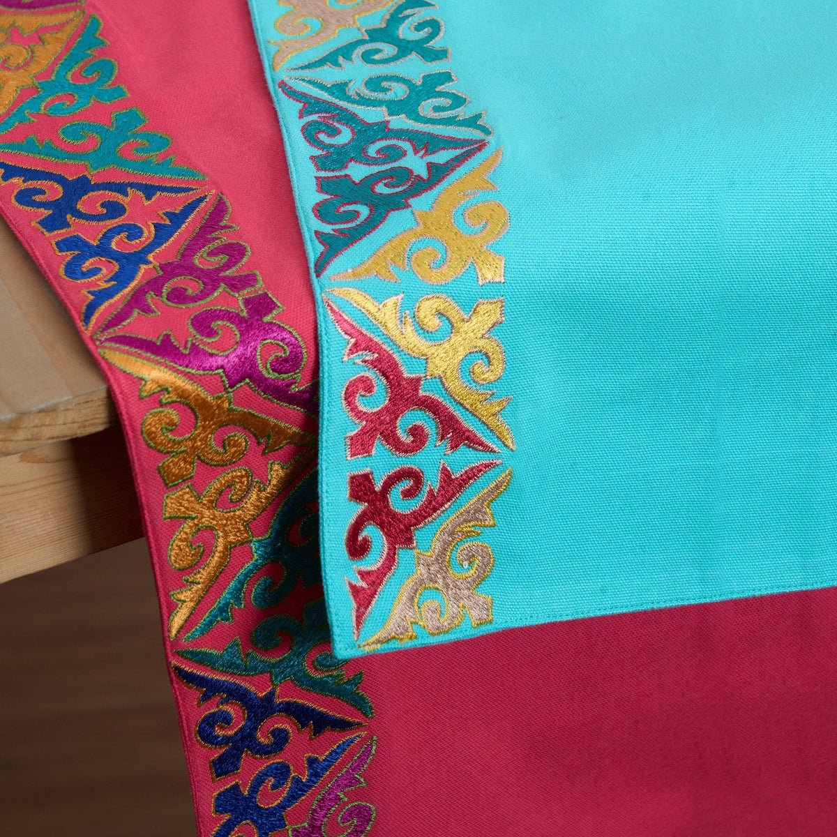 Kashidakaari Turquoise Table Runner | Geometric Border Embroidery | Cotton | 4 & 6 Seater