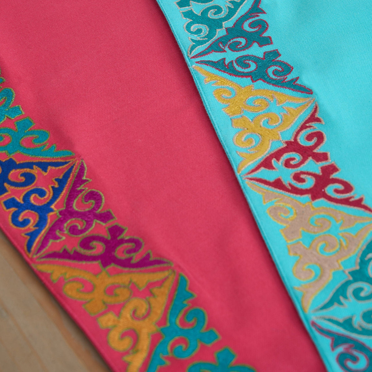 Kashidakaari Coral Red Table Runner | Geometric Border Embroidery | Cotton | 4 & 6 Seater