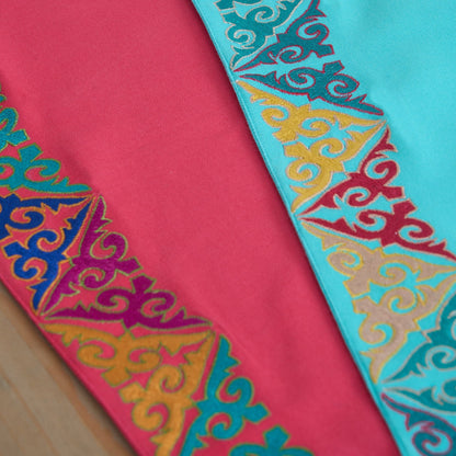 Kashidakaari Coral Red Table Runner | Geometric Border Embroidery | Cotton | 4 & 6 Seater