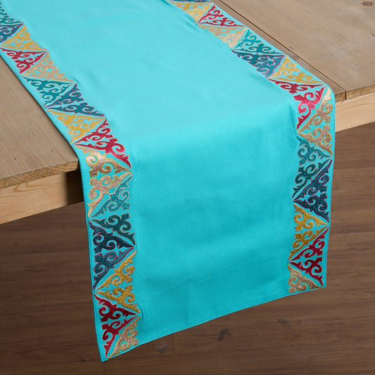 Turquoise Embroidered Geometrical Table Runner Luxury Handcrafted Cotton