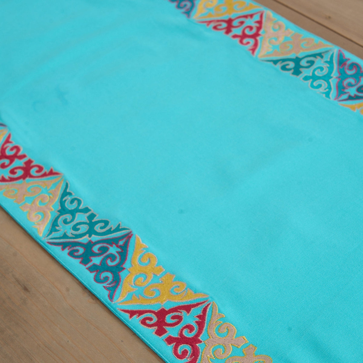 Kashidakaari Turquoise Table Runner | Geometric Border Embroidery | Cotton | 4 & 6 Seater
