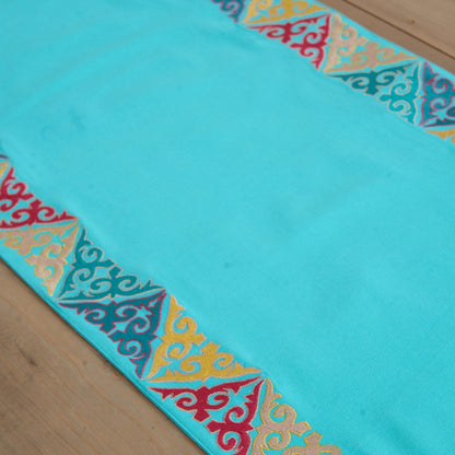Kashidakaari Turquoise Table Runner | Geometric Border Embroidery | Cotton | 4 & 6 Seater